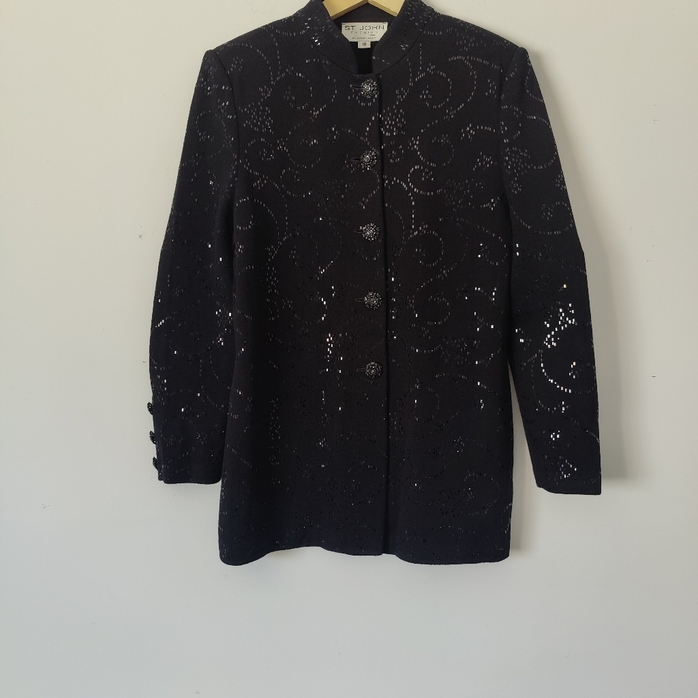 St. John Evening Sequin Knit Black Mock Neck Jacket